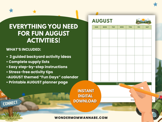 August Family Fun Kit contents showcasing printable planner, activity calendar, supply lists, and step by step family activity guides.
