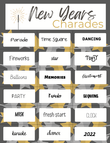 Enjoy the thrill of New Year’s Eve Charades by Wondermom Shop, featuring prompts like Parade, Dancing, Fireworks, and Time Square set against a starry backdrop. Perfect for adding excitement to any party game night!.