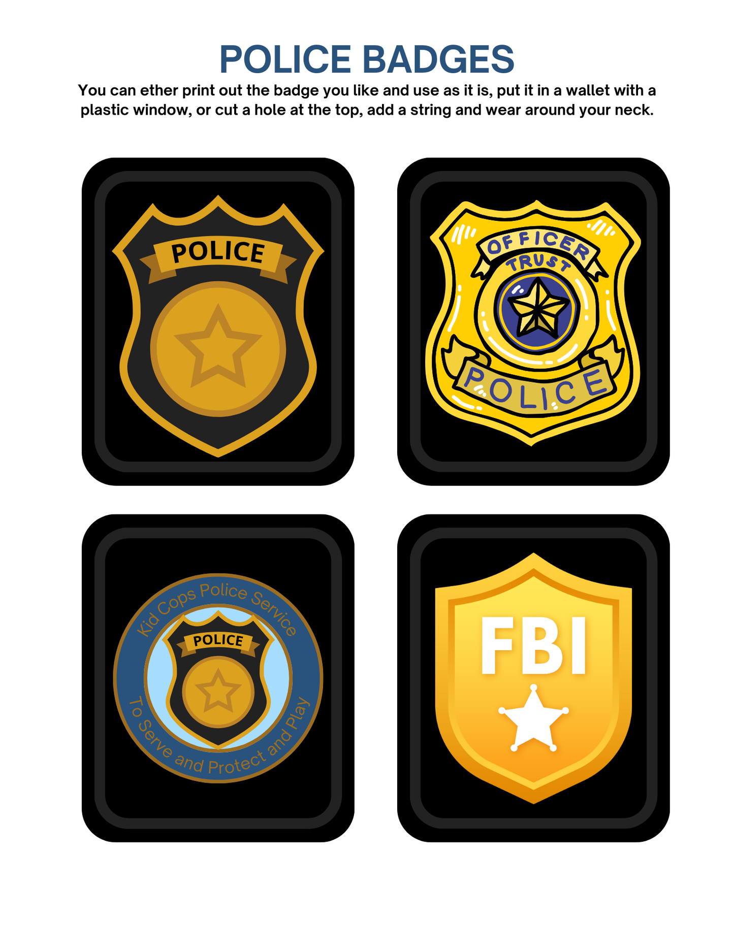 Featuring star and shield emblems, this set from Wondermom Shop includes four illustrated police badges with unique designs arranged in a grid. These badges are ideal for enhancing the authenticity of any Police Station Pretend Play setup or kit, adding excitement for aspiring officers.