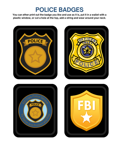 Featuring star and shield emblems, this set from Wondermom Shop includes four illustrated police badges with unique designs arranged in a grid. These badges are ideal for enhancing the authenticity of any Police Station Pretend Play setup or kit, adding excitement for aspiring officers.