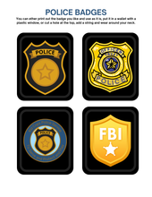 Load image into Gallery viewer, Featuring star and shield emblems, this set from Wondermom Shop includes four illustrated police badges with unique designs arranged in a grid. These badges are ideal for enhancing the authenticity of any Police Station Pretend Play setup or kit, adding excitement for aspiring officers.
