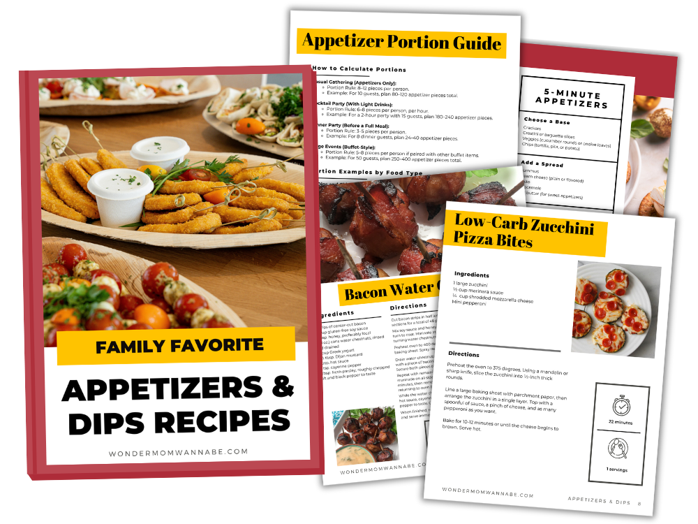 The cover of the "Appetizers & Dips Cookbook: Crowd-Pleasing Recipes for Every Occasion" by Wondermom Shop features four enticing pages of bite-sized appetizers and handheld favorites.