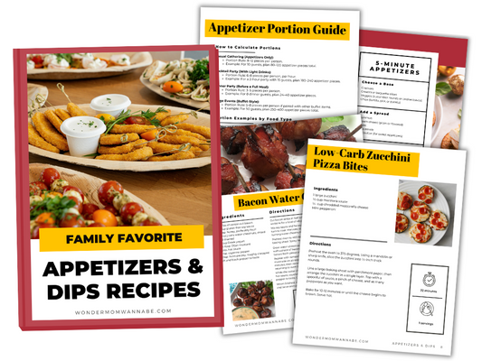 The cover of the "Appetizers & Dips Cookbook: Crowd-Pleasing Recipes for Every Occasion" by Wondermom Shop features four enticing pages of bite-sized appetizers and handheld favorites.