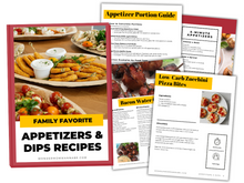 Load image into Gallery viewer, The cover of the &quot;Appetizers &amp; Dips Cookbook: Crowd-Pleasing Recipes for Every Occasion&quot; by Wondermom Shop features four enticing pages of bite-sized appetizers and handheld favorites.
