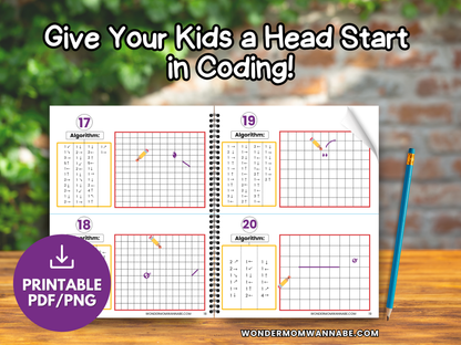 Printable kids coding workbook pages in PDF/PNG format with fun algorithm activities.