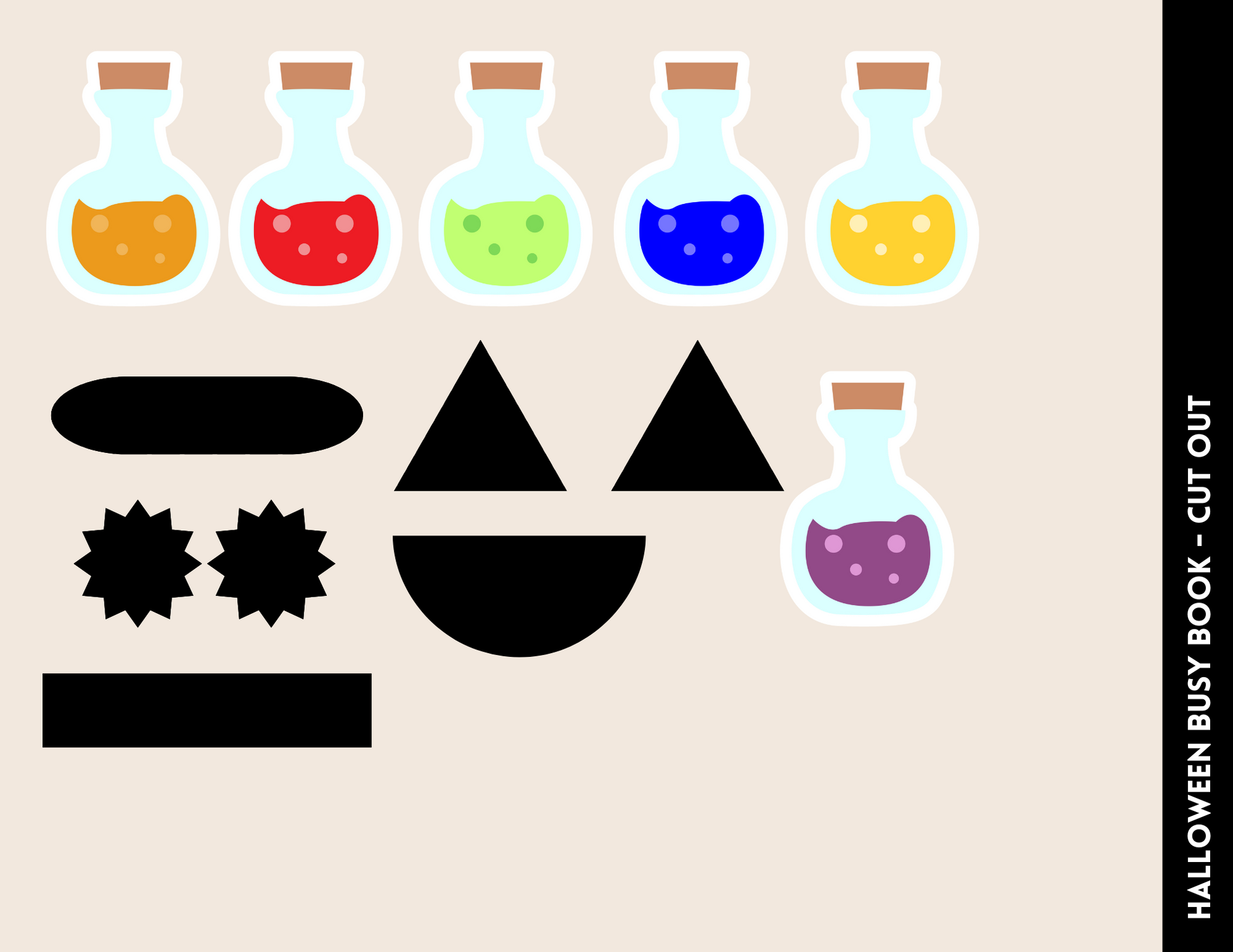 Illustration of potion bottles filled with colorful liquids, featuring black designs that look like a jack-o'-lantern face, labeled "Halloween Busy Book for Kids" by Wondermom Shop. Ideal for Halloween-themed activities that combine entertainment with social-emotional learning.