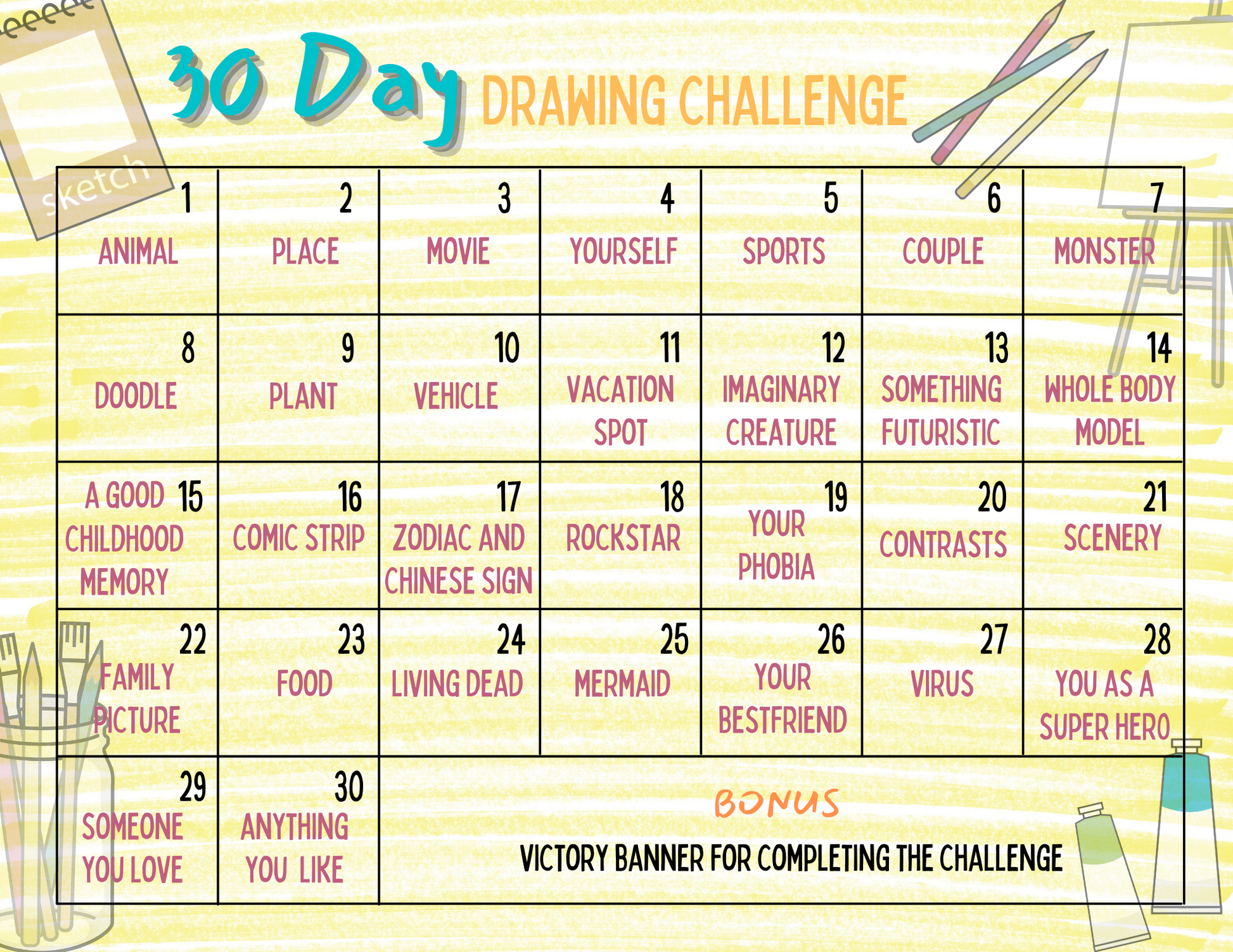 A Wondermom Printables calendar with the words 30 Day Drawing Challenge.