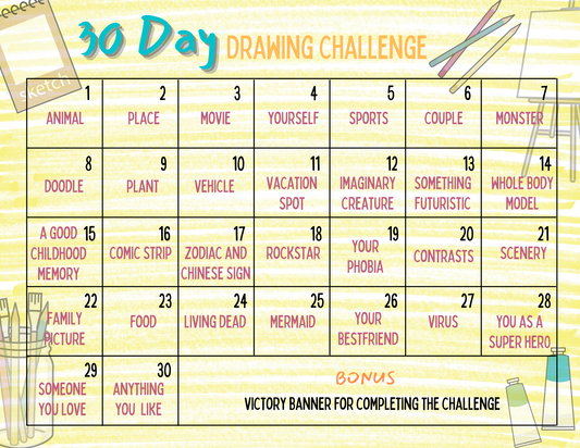 A Wondermom Printables calendar with the words 30 Day Drawing Challenge.