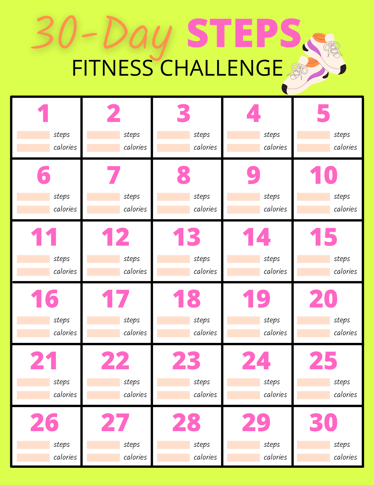 A square box with numbers and shoes on it - The 30 Day Steps Fitness Challenge by Wondermom Printables.