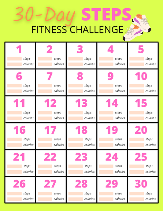 A square box with numbers and shoes on it - The 30 Day Steps Fitness Challenge by Wondermom Printables.