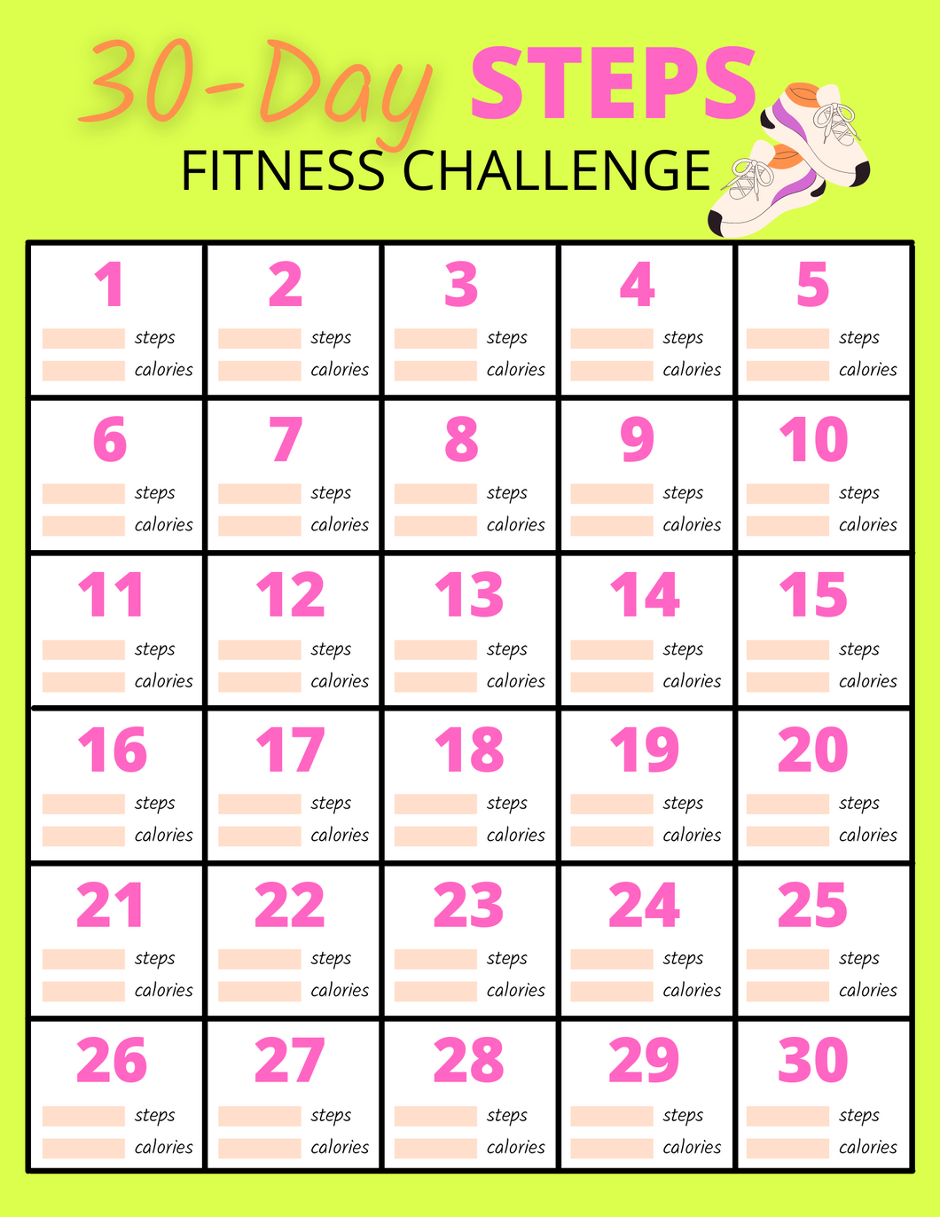 A square box with numbers and shoes on it - The 30 Day Steps Fitness Challenge by Wondermom Printables.