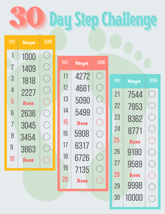 Introducing the "Step Challenge" from Wondermom Printables—a 30-day planner with daily step goals ranging from 1,000 to 10,000 steps. Each day features a checkbox for tracking your progress, and rest days are thoughtfully included every 10 days to help you stay on track with your fitness journey.