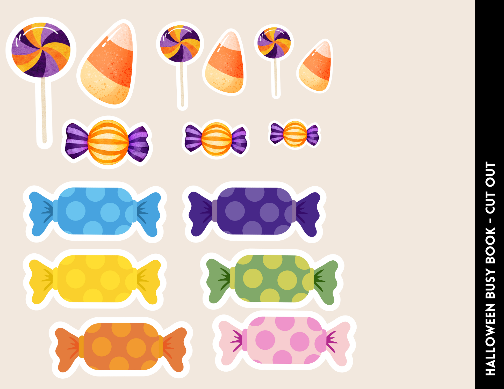 An illustration of vibrant candies, including lollipops, candy corn, and wrapped sweets, is artfully arranged on a neutral background. The Halloween Busy Book for Kids by Wondermom Shop offers a perfect setting for Halloween-themed activities, encouraging learning through play and sparking festive creativity with its colorful scenes.