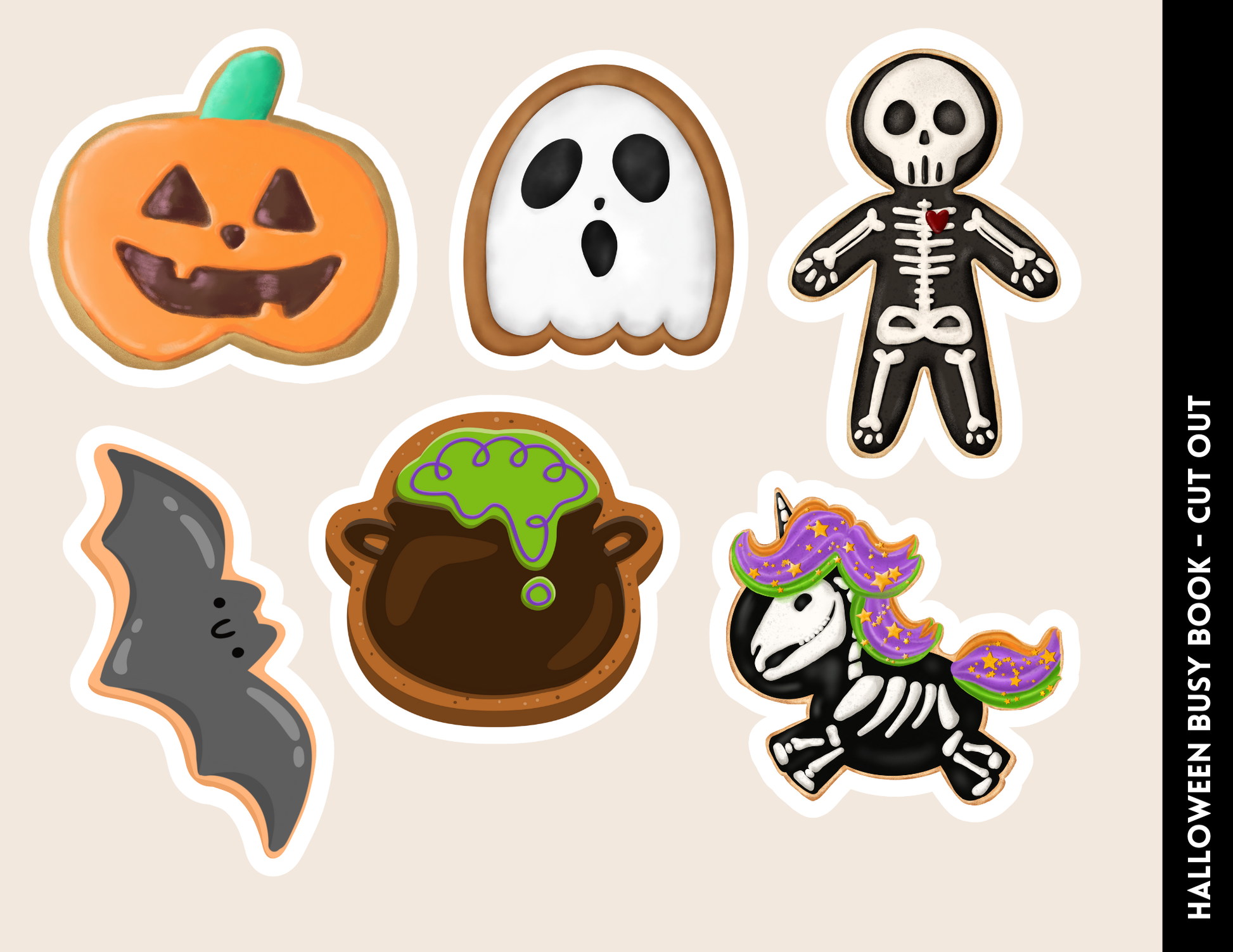 Discover the Halloween Busy Book for Kids by Wondermom Shop, featuring a delightful sticker set perfect for enhancing imaginative play! This vibrant collection includes a jack-o'-lantern, ghost, skeleton, bat, bubbling cauldron, and a unique skeleton horse with a colorful mane. These engaging illustrations are designed to spark creativity and support social-emotional learning.