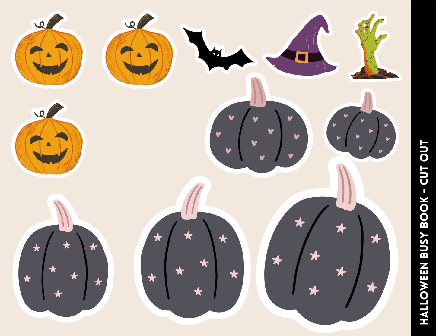 Craft eerie Halloween-themed cutouts featuring orange and black pumpkins, a bat, a witch’s hat, and a zombie hand with the *Halloween Busy Book for Kids* by Wondermom Shop—ideal for your Halloween activities.