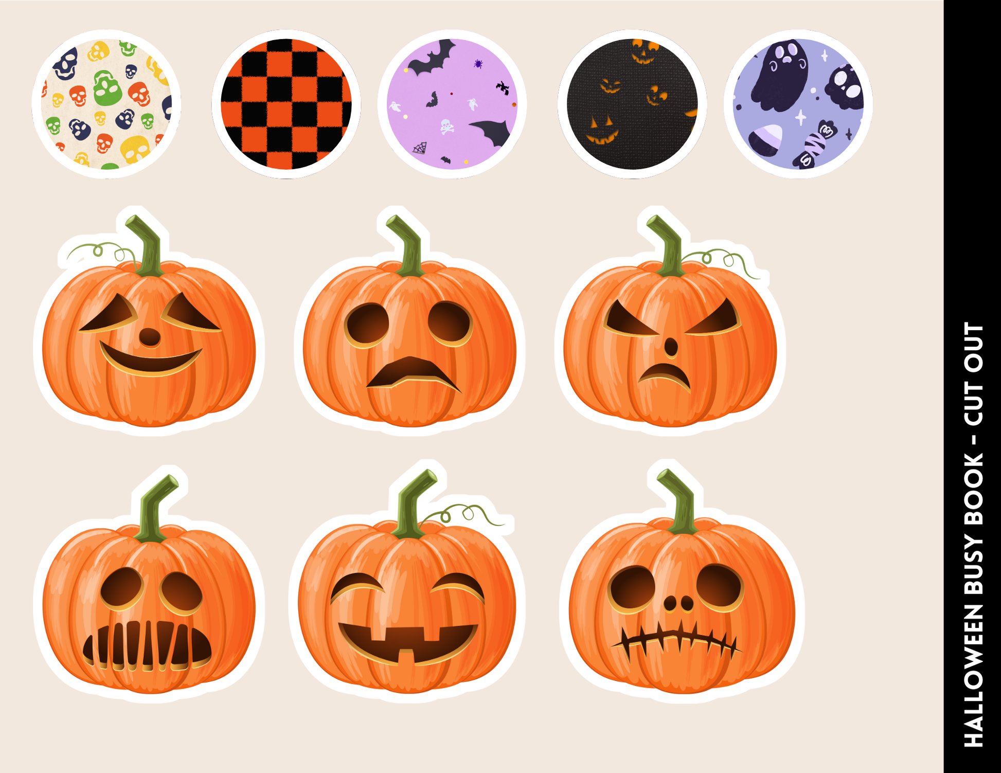 The Halloween Busy Book for Kids by Wondermom Shop includes six illustrated pumpkin cutouts with different facial expressions and five round Halloween-themed stickers, making it an ideal way for children to learn through play with engaging, seasonal activities.