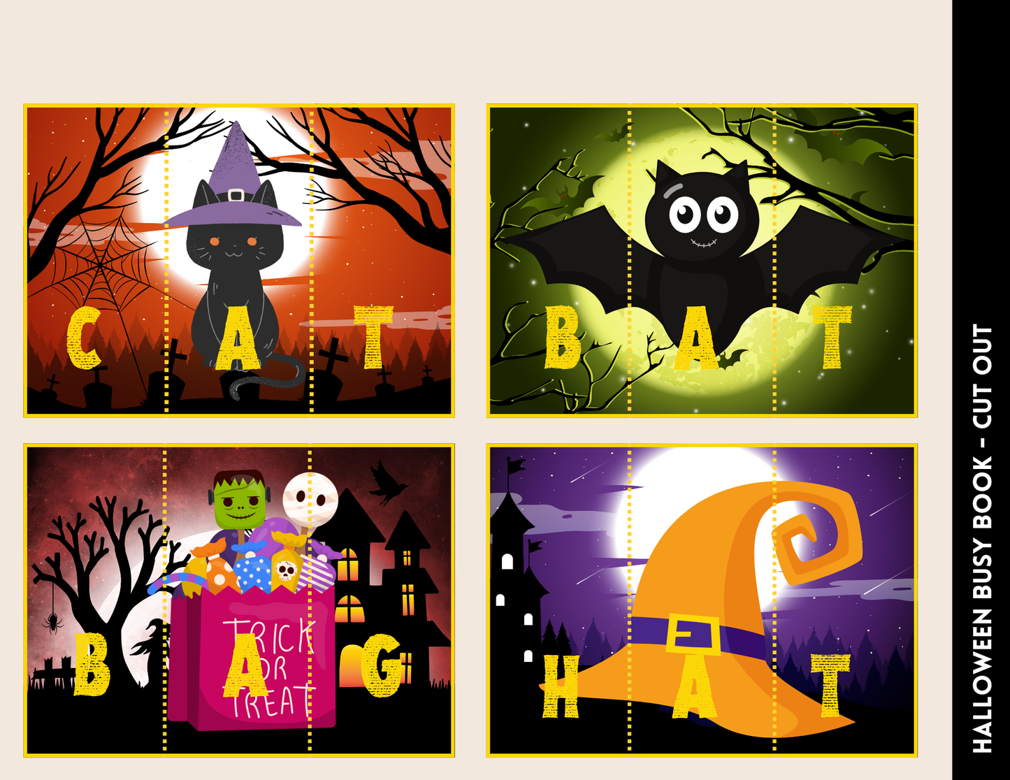 Introducing the Halloween Busy Book for Kids by Wondermom Shop: Dive into festive fun with cutouts such as a cat in a witch hat and a bat in the night sky. Perfect for Halloween-themed activities, these pieces enhance learning through play with letters paired alongside each spooky icon.