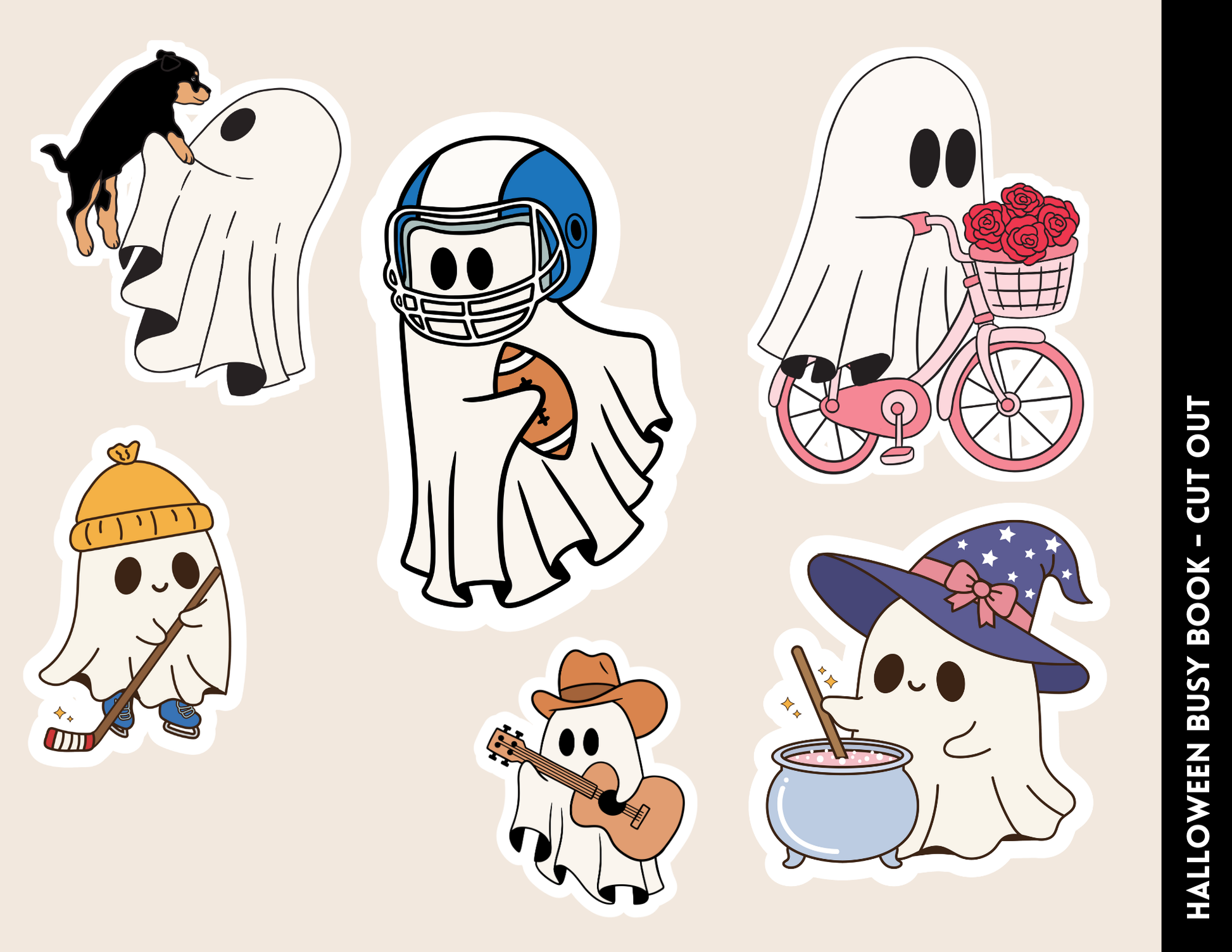 Illustration of whimsical ghost stickers participating in Halloween-themed activities such as a football player, a biker with roses, a witch, a cowboy, a broom sweeper, and one with a dog. Ideal for the Wondermom Shop's Halloween Busy Book for Kids or learning through play!