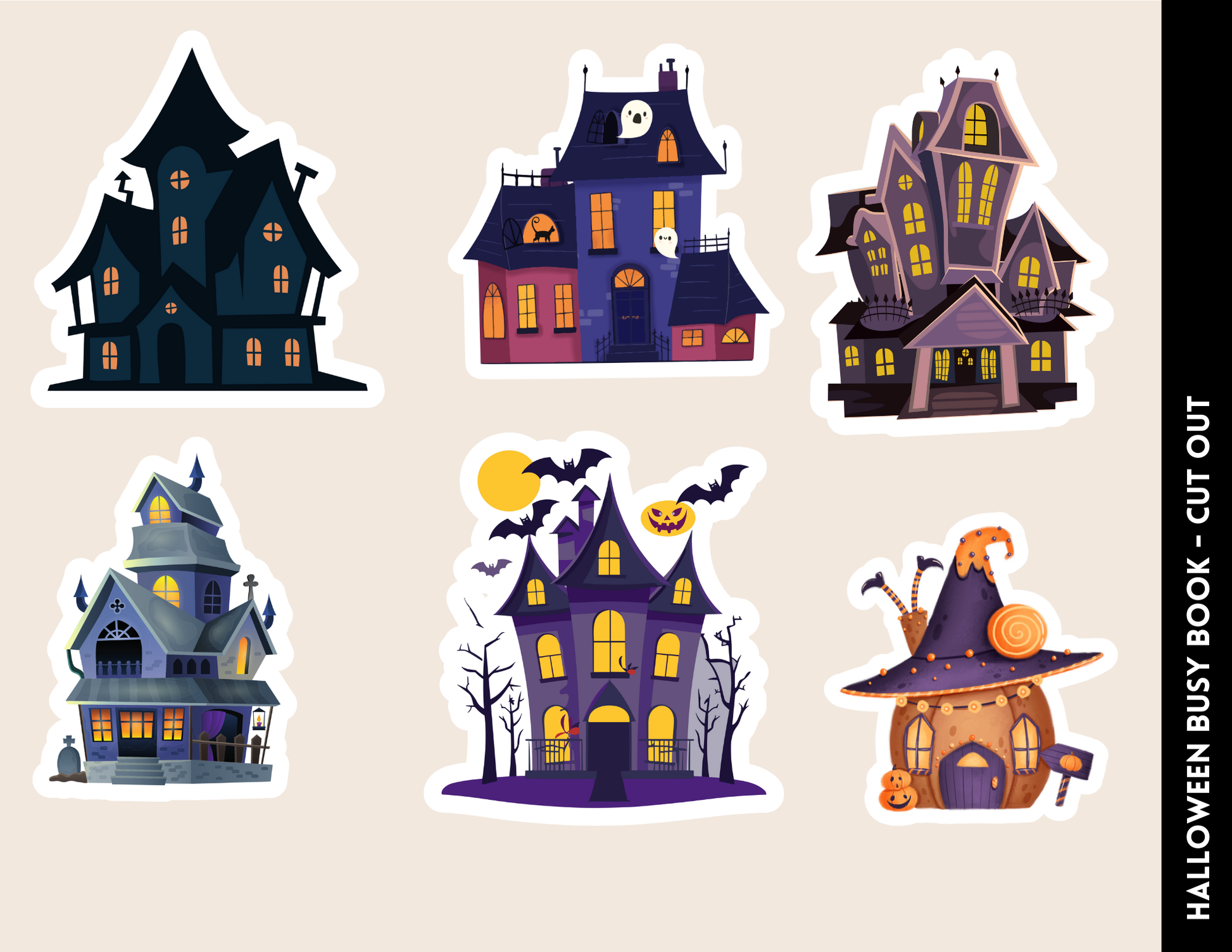 Explore the "Halloween Busy Book for Kids" by Wondermom Shop, featuring illustrations of six whimsical haunted houses with gothic architecture. This captivating page is ideal for Halloween-themed activities, offering spooky charm and festive decorations to make learning through play a delightful experience.