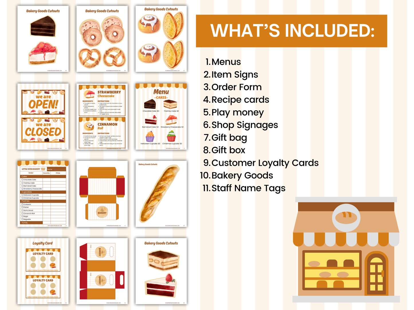 Preview of included Pretend Play Bakery printable pages such as menus, item signs, order forms, recipe cards, gift bag, gift box, loyalty cards, bakery goods, and staff name tags.