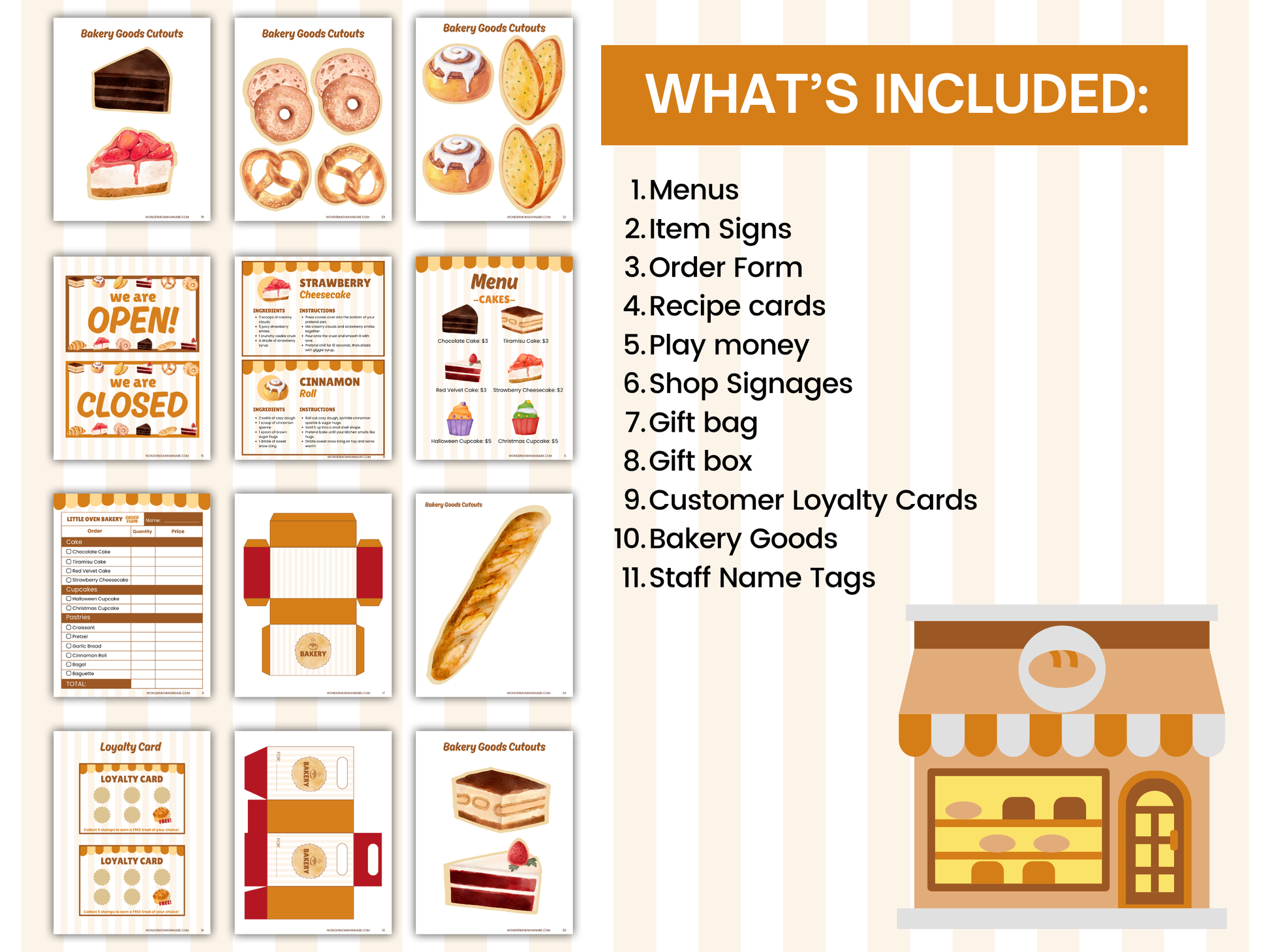 Preview of included Pretend Play Bakery printable pages such as menus, item signs, order forms, recipe cards, gift bag, gift box, loyalty cards, bakery goods, and staff name tags.