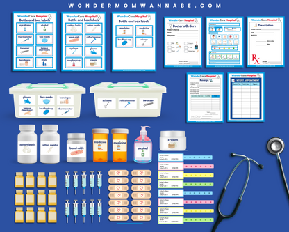 The Wondermom Shop Pretend Play Hospital Printable Kit for Kids includes X-rays, medical forms, staff badges, labels, storage bins, wristbands, syringes, stethoscope, and medicine bottles—perfect for dramatic play!.
