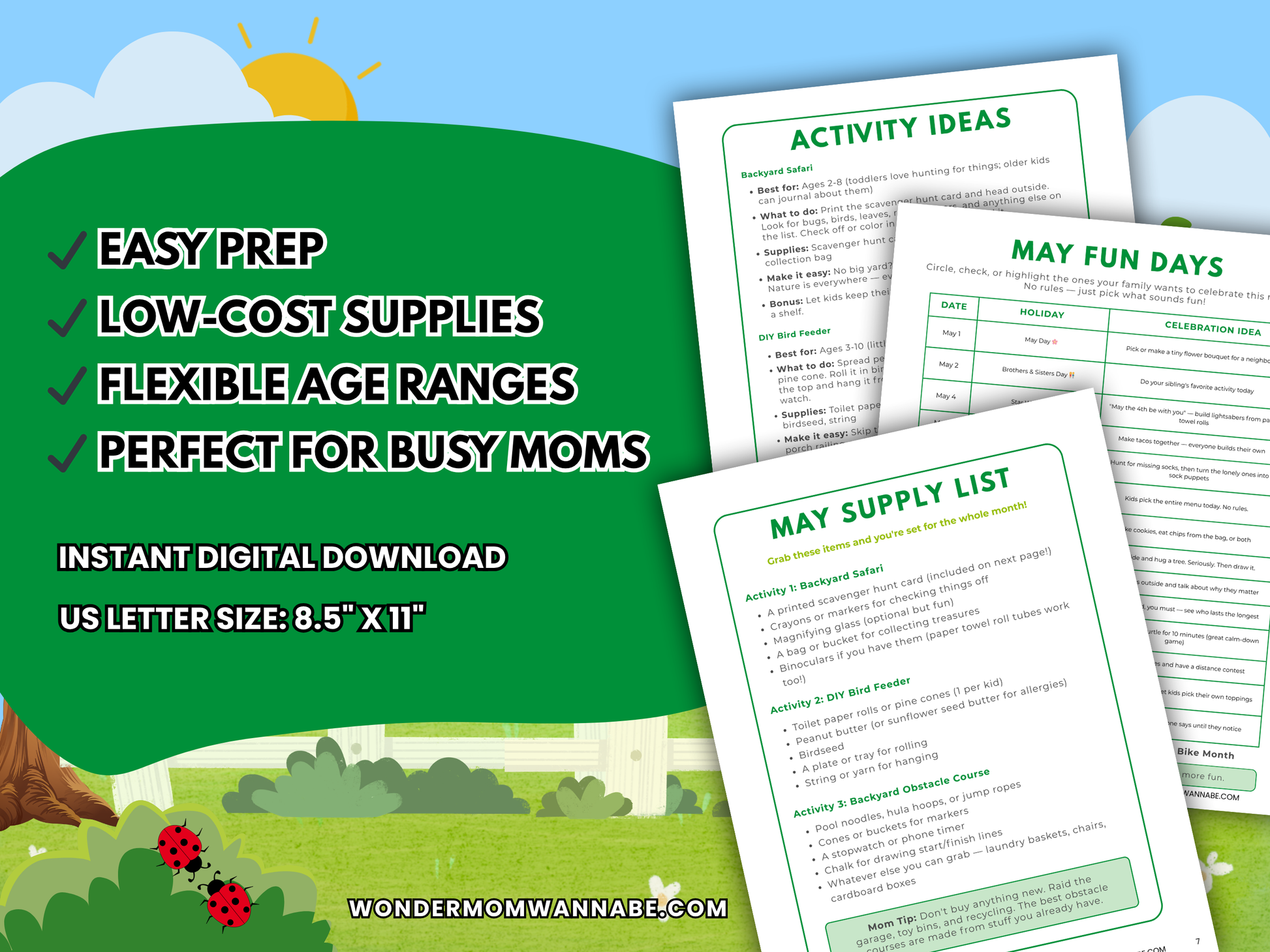 Feature graphic highlighting easy prep, low-cost backyard activities for kids in the May Family Fun Kit.