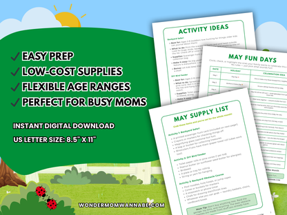 Feature graphic highlighting easy prep, low-cost backyard activities for kids in the May Family Fun Kit.