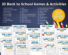 Load image into Gallery viewer, A promotional graphic for Wondermom Shop’s Back to School Game Pack, featuring 32 printable classroom games and activities with sample worksheets shown and text highlighting instant digital download.

