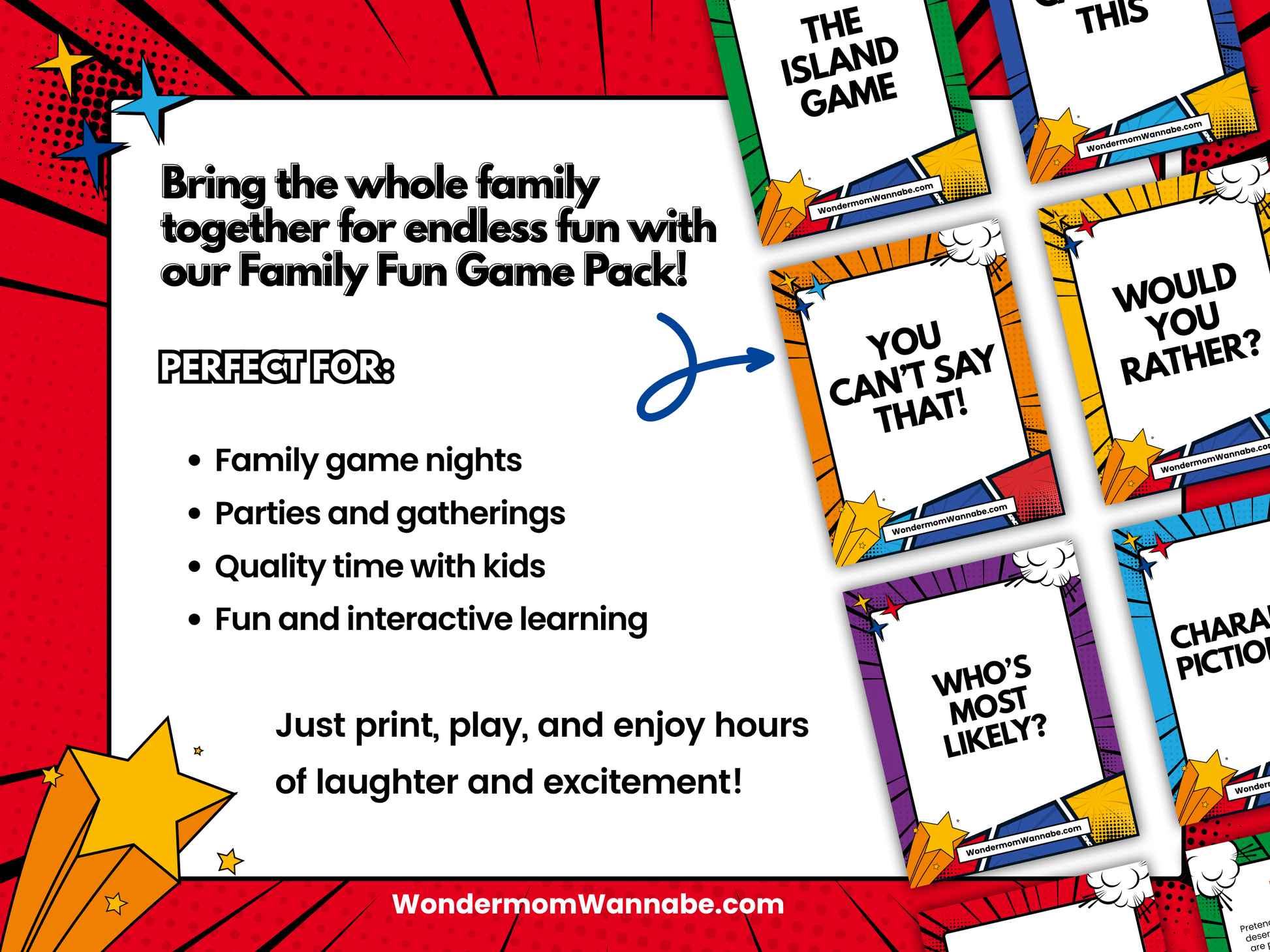 Promotional image for the Family Fun Game Pack by Wondermom Shop, featuring printable games like "You Can’t Say That!", "Would You Rather?", and "Who’s Most Likely?" with vibrant graphics—perfect for family parties.