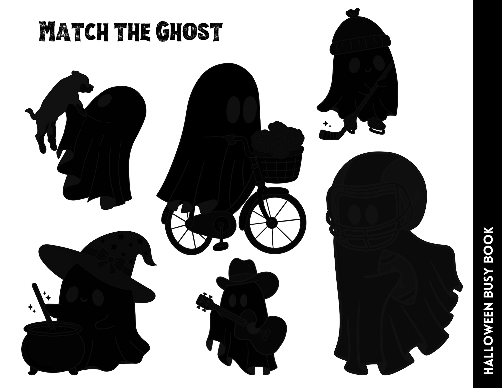 Silhouettes of different ghosts participating in Halloween-themed activities like cycling, playing hockey, performing magic tricks, dressing up as cowboys and superheroes with a dog featured against a plain backdrop. Ideal for educational playtime as showcased in the pages of the *Halloween Busy Book for Kids* by Wondermom Shop.