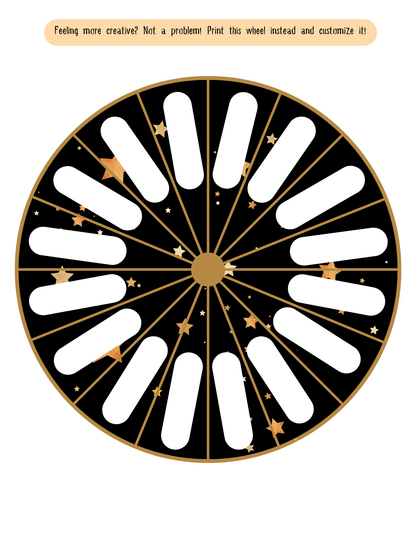 The New Year Drink If Game by Wondermom Printables features a black wheel with 16 white sections, gold stars, and a gold border—ideal for a fun-filled New Year's celebration or an exciting game round.