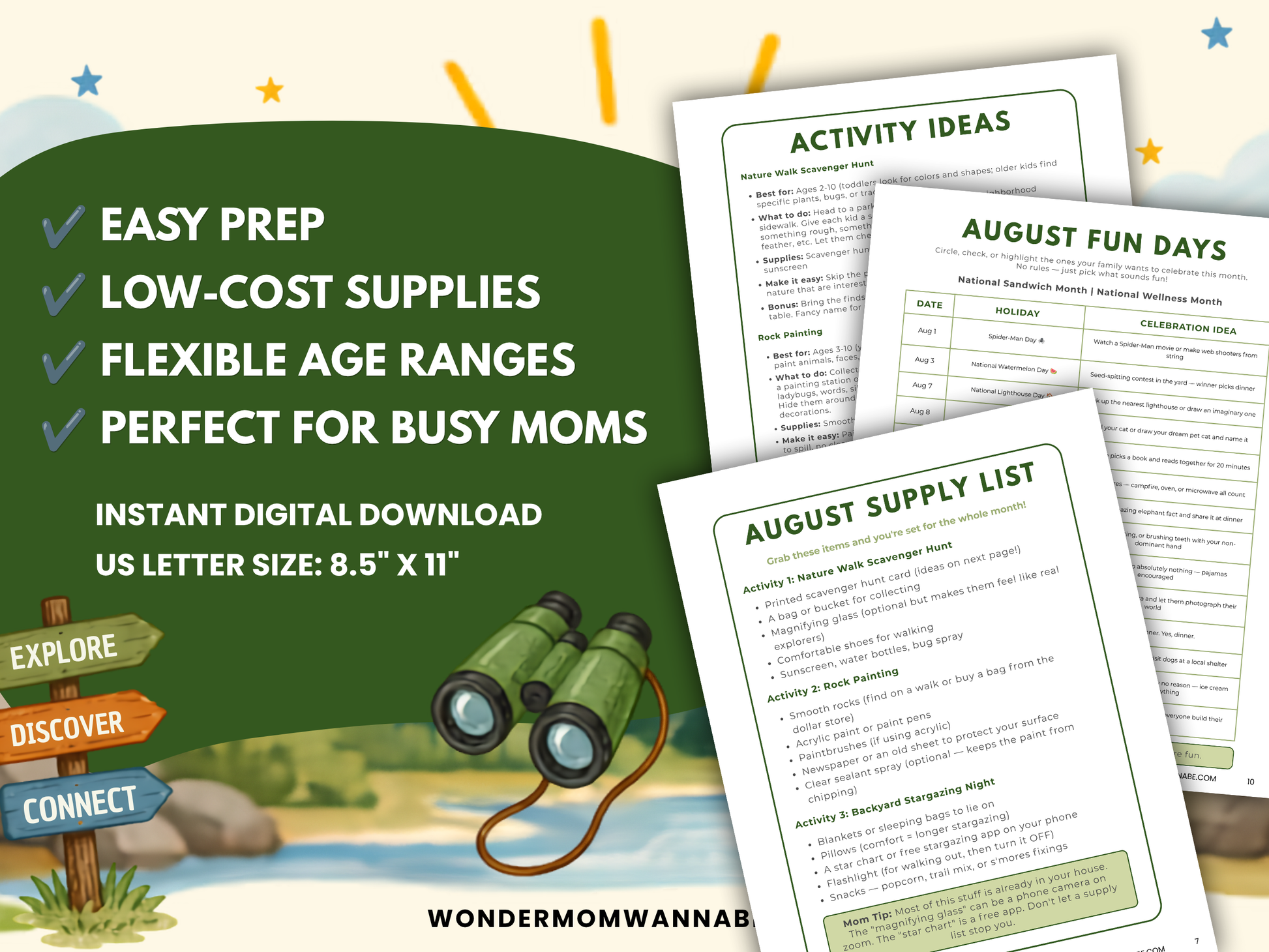 Feature overview of the August Family Fun Kit highlighting easy prep, low cost supplies, flexible age ranges, and printable activity pages.
