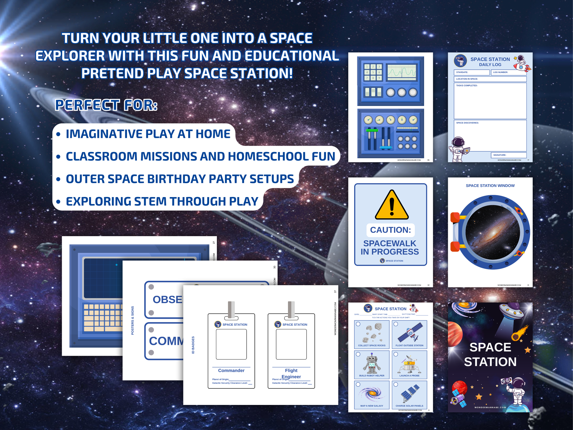 Interactive Space Station printable set for kids, including space station daily logs, ID badges, spacewalk signs, and more for imaginative play and STEM education.