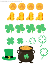 Load image into Gallery viewer, Image of the St. Patrick’s Day Leprechaun Trap Printable by Wondermom Shop: includes cut-out gold coins, shamrocks in various sizes, a coin-filled pot, a leprechaun hat, and shamrock outlines. A fun DIY activity for kids to create their own trap this St. Patrick&#39;s Day!.
