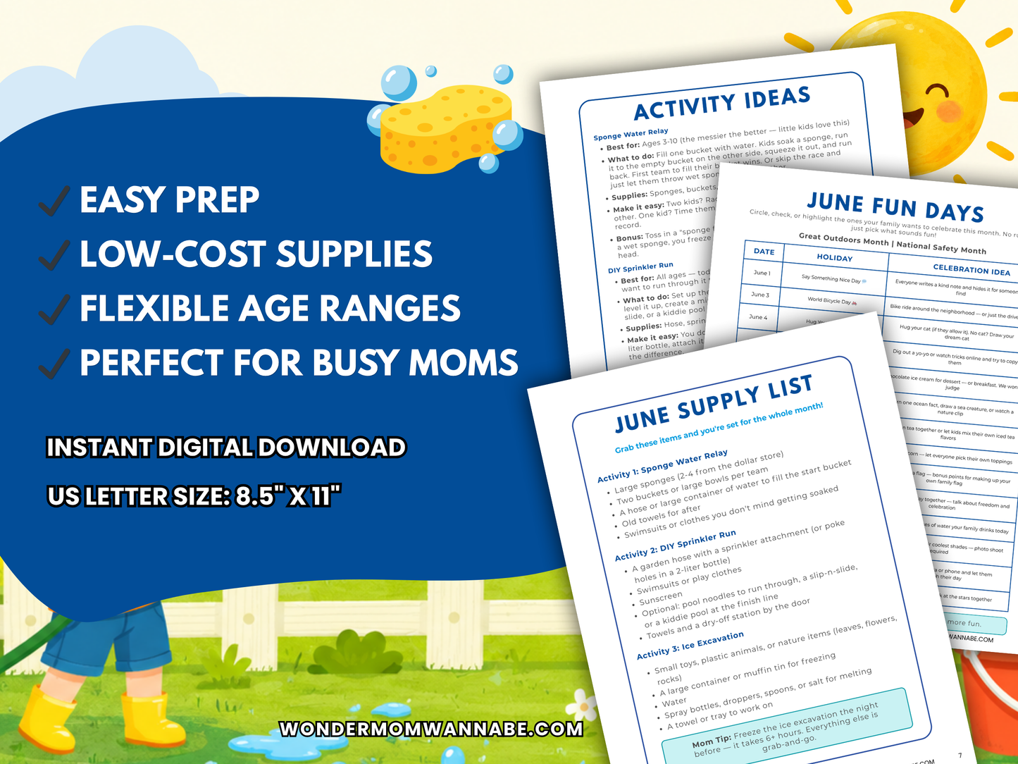 June Family Fun Kit printable with activity ideas, supply list, and digital download details.