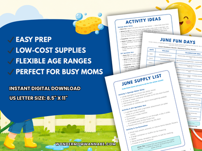 June Family Fun Kit printable with activity ideas, supply list, and digital download details.