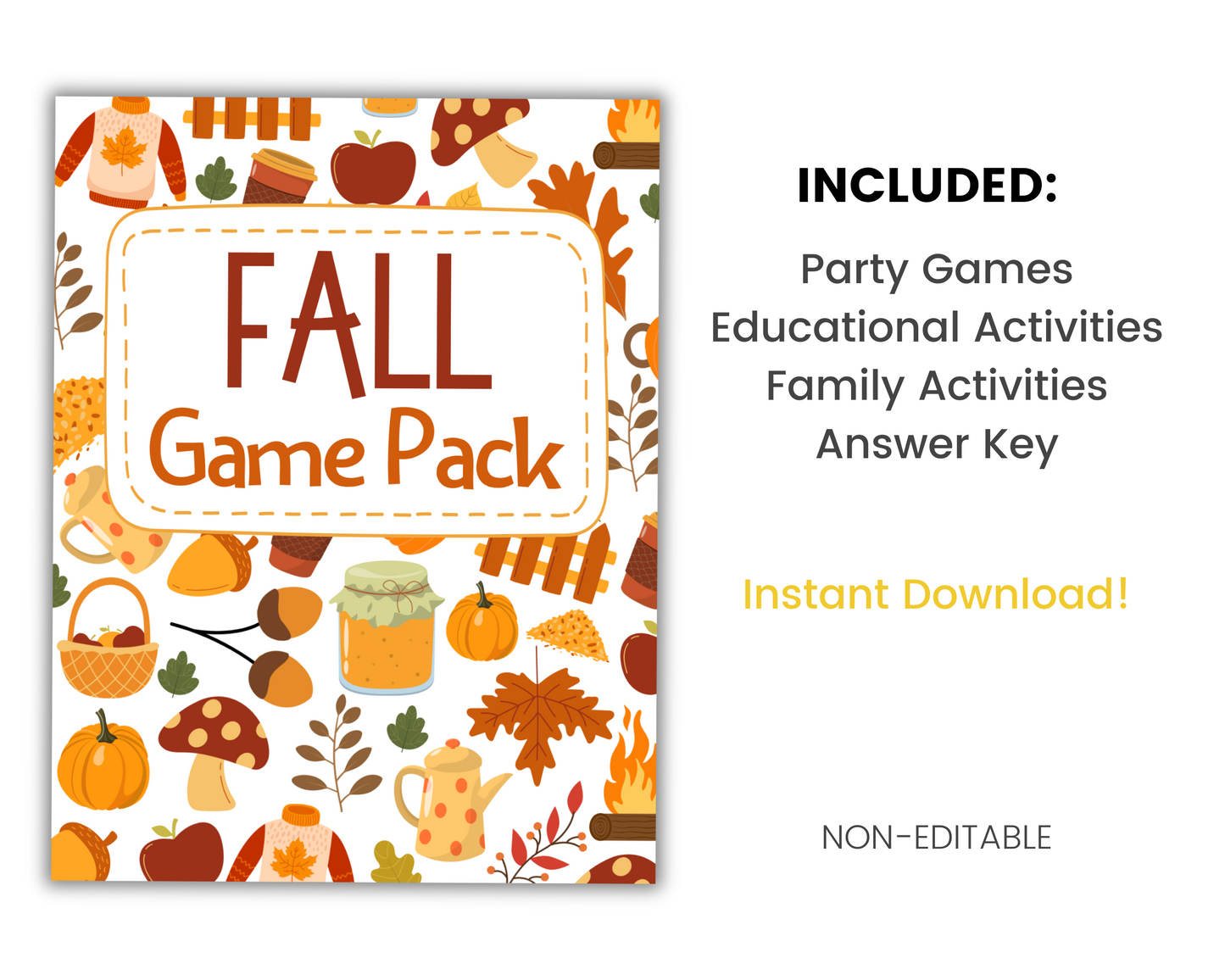 An image showcasing the "Ultimate Printable Fall Game Pack" cover from Wondermom Shop, adorned with charming illustrations of autumn items. The text highlights the included items: printable games, educational activities, family activities, and an answer key. For convenience, "Instant Download!" is prominently noted.