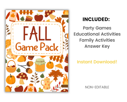 An image showcasing the "Ultimate Printable Fall Game Pack" cover from Wondermom Shop, adorned with charming illustrations of autumn items. The text highlights the included items: printable games, educational activities, family activities, and an answer key. For convenience, "Instant Download!" is prominently noted.