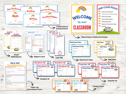 The Wondermom Shop’s Bright Minds Academy Printable Pretend Play School Kit for Kids includes class rules, attendance sheets, report cards, restroom passes, hall passes, IDs, and certificates—perfect printables for early learning classroom fun.