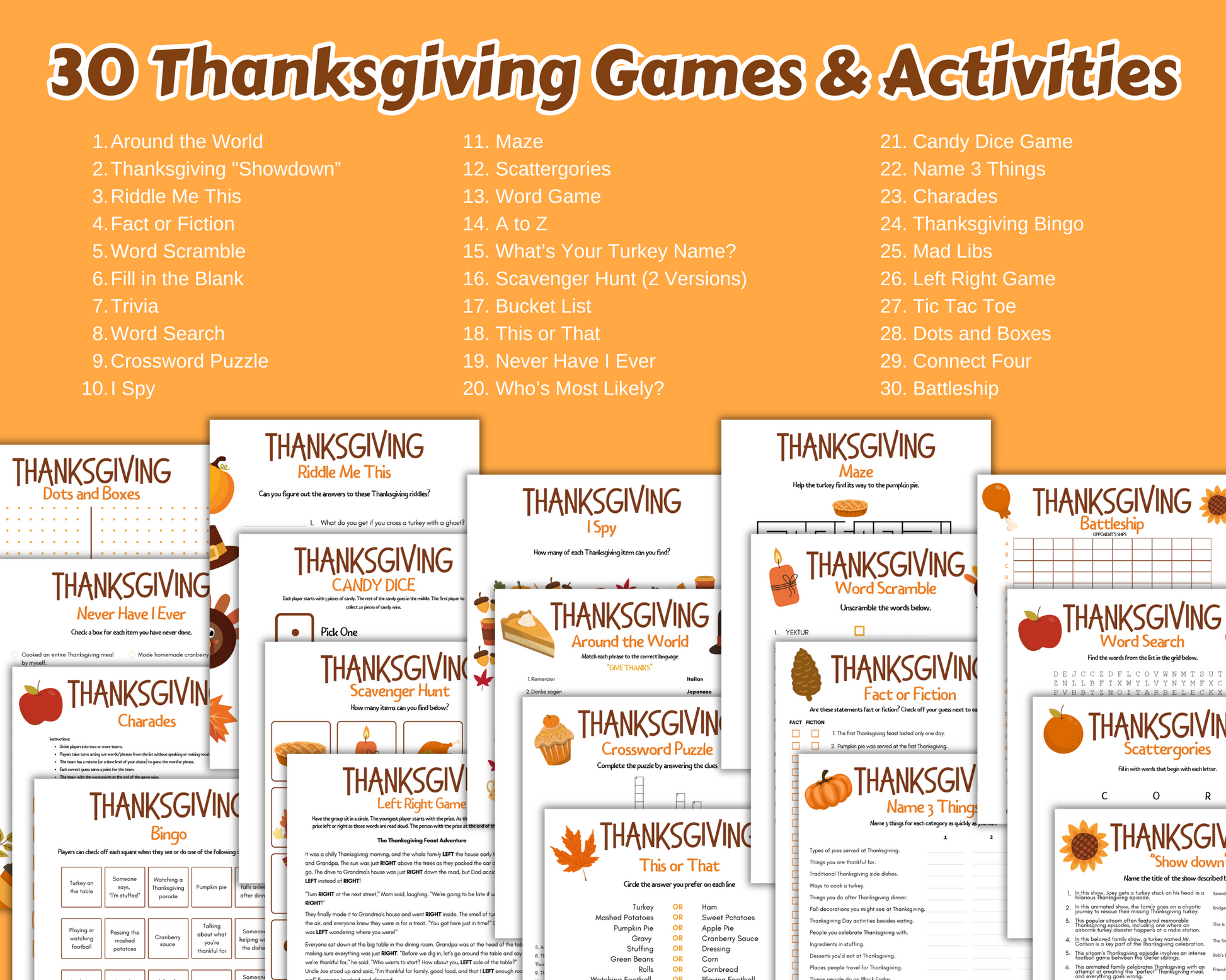 A graphic titled "Ultimate Printable Thanksgiving Game Pack" by Wondermom Shop showcases an array of printable games and worksheets for activities like Word Search, Bingo, and Charades, all adorned with autumn-themed decorations—perfect for family gathering activities.