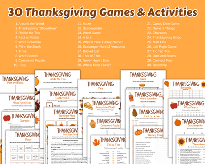 A graphic titled "Ultimate Printable Thanksgiving Game Pack" by Wondermom Shop showcases an array of printable games and worksheets for activities like Word Search, Bingo, and Charades, all adorned with autumn-themed decorations—perfect for family gathering activities.