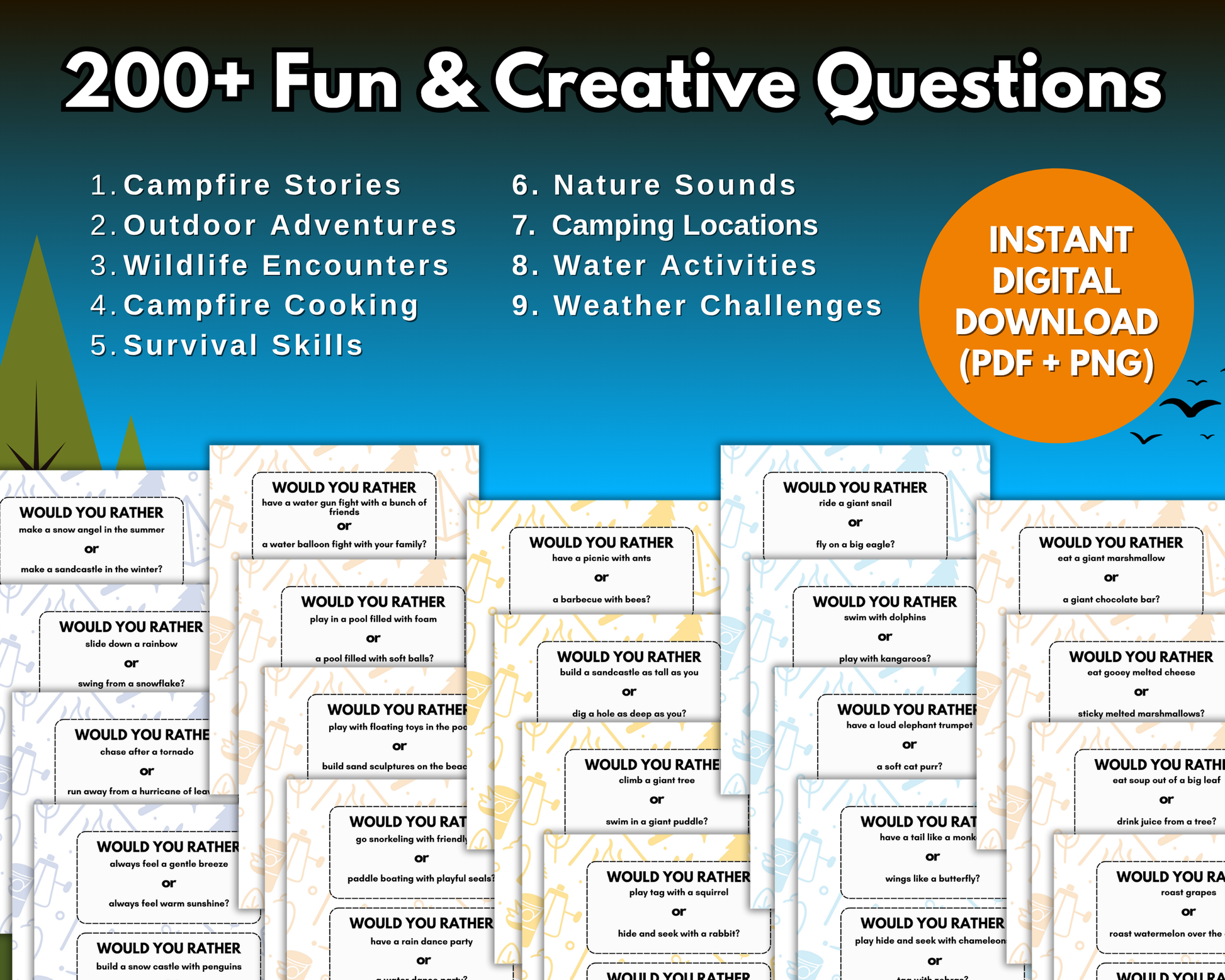 Image of "Would You Rather? Camping Edition" printable game by Wondermom Shop for kids and families, with 8 fun camping question categories and a note about instant digital download (PDF & PNG formats).