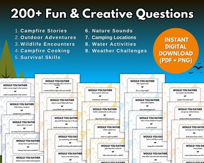 Image of "Would You Rather? Camping Edition" printable game by Wondermom Shop for kids and families, with 8 fun camping question categories and a note about instant digital download (PDF & PNG formats).