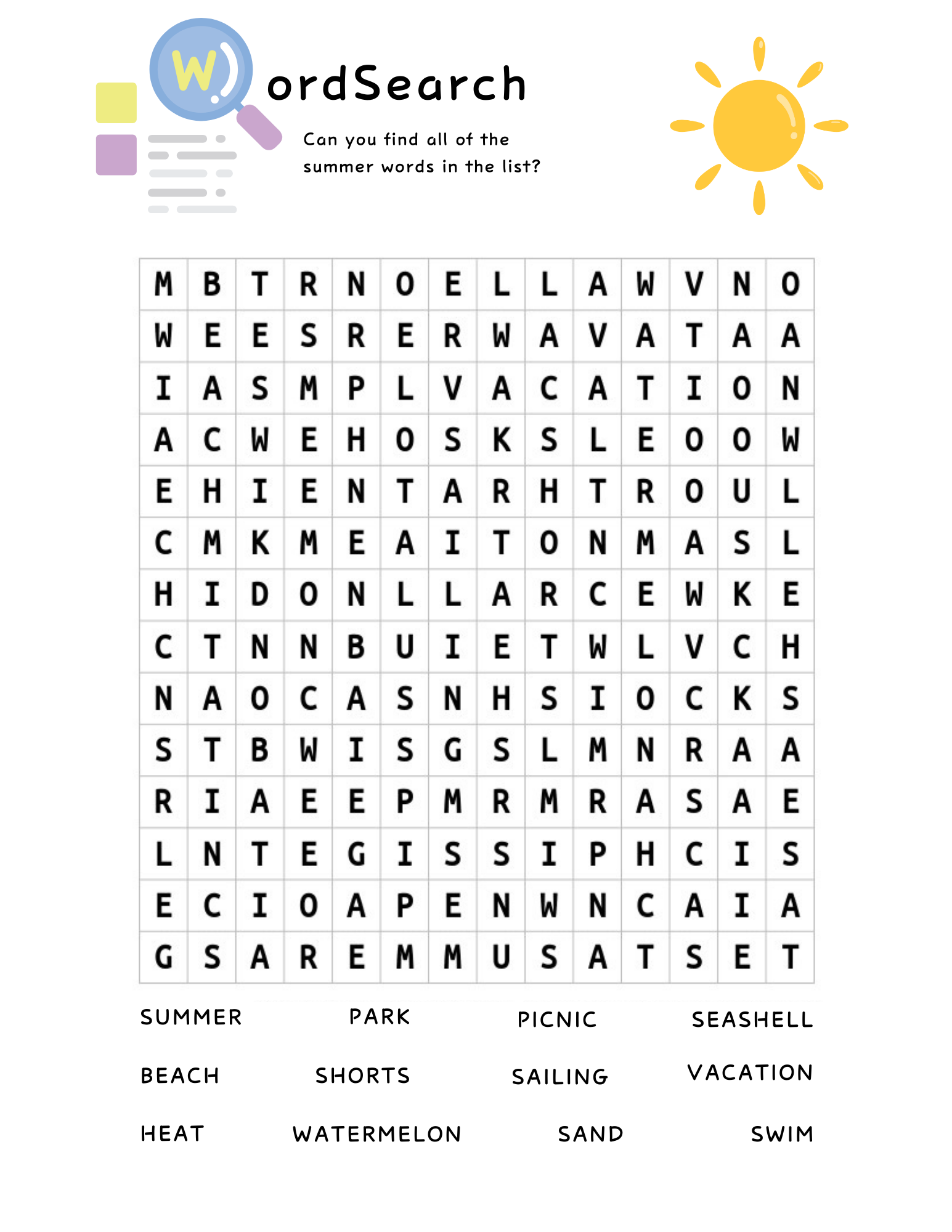 The Printable Summer Activity Book by Wondermom Shop features a summer-themed word search with a sun design and words like SUMMER, BEACH, SHORTS, and VACATION—offering instant printable fun for kids.