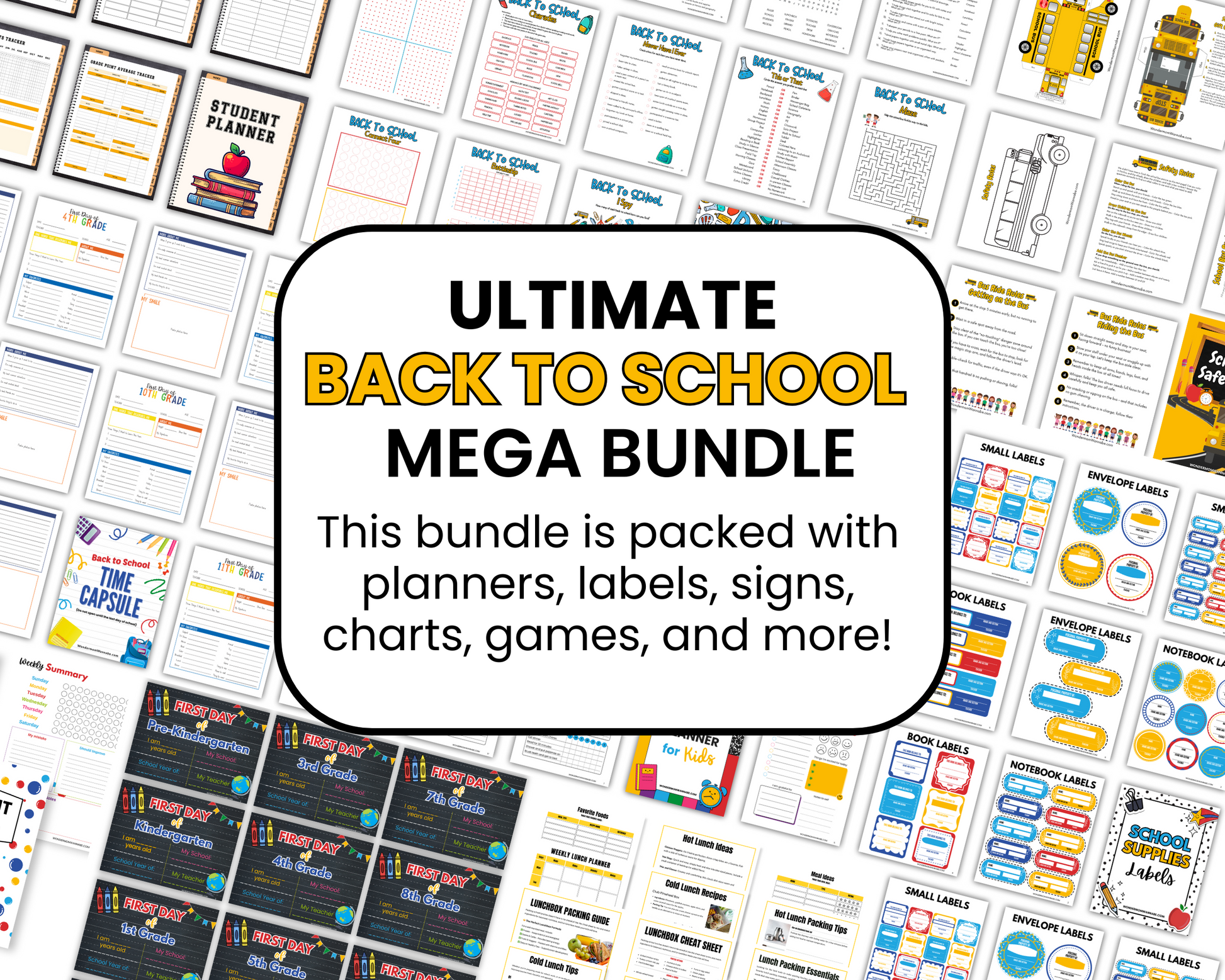 Image displaying a vibrant selection of printable planners, labels, charts, and signs with central text promoting "The Ultimate Back-to-School Bundle for Busy Moms" from Wondermom Shop.