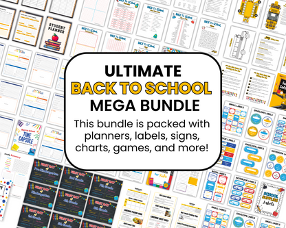 Image displaying a vibrant selection of printable planners, labels, charts, and signs with central text promoting "The Ultimate Back-to-School Bundle for Busy Moms" from Wondermom Shop.