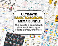 Load image into Gallery viewer, Image displaying a vibrant selection of printable planners, labels, charts, and signs with central text promoting &quot;The Ultimate Back-to-School Bundle for Busy Moms&quot; from Wondermom Shop.
