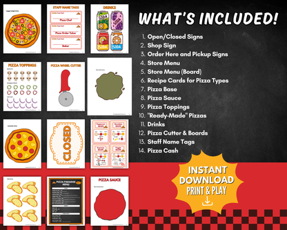 What’s included in Pretend Play Pizza Store printable kit – open and closed signs, menus, order signs, pizza bases, toppings, drinks, recipe cards, staff name tags, pizza cash, cutter, and ready-made pizzas.