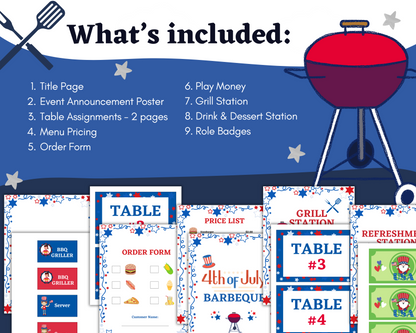 A graphic showcases the Wondermom Shop 4th of July BBQ Pretend Play Set, featuring printable signs, forms, and a festive red grill for your pretend party.